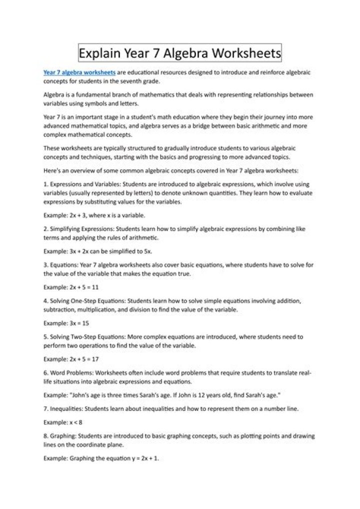 Free Year 7 Algebra Worksheets PDF for Easy Practice