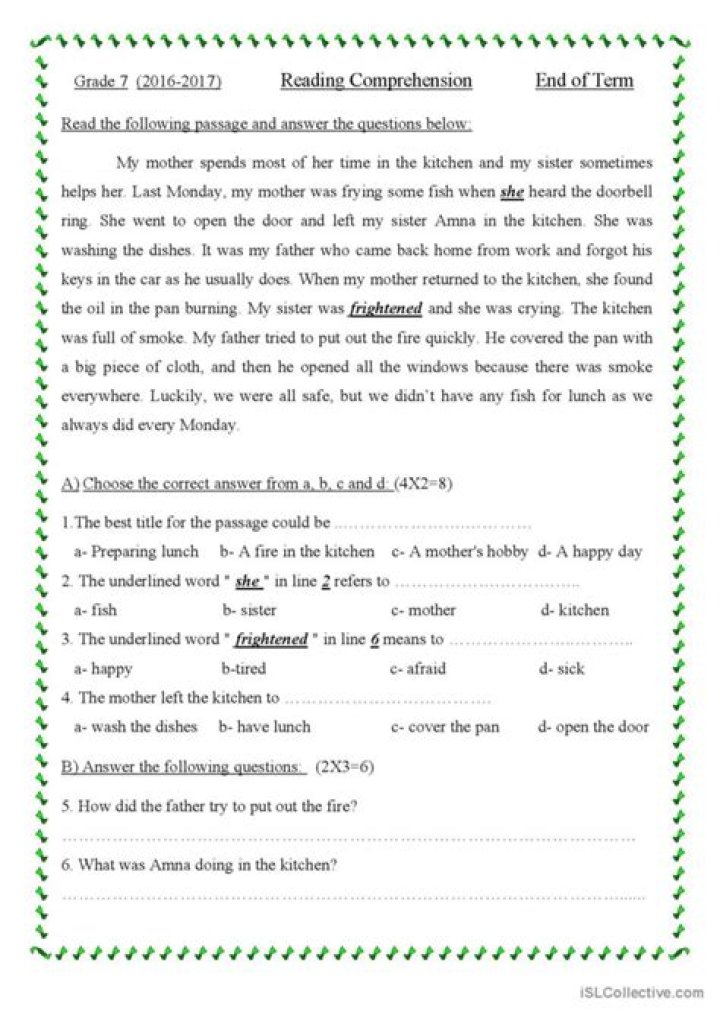 Year 7 Comprehension Worksheets PDF for Free Download