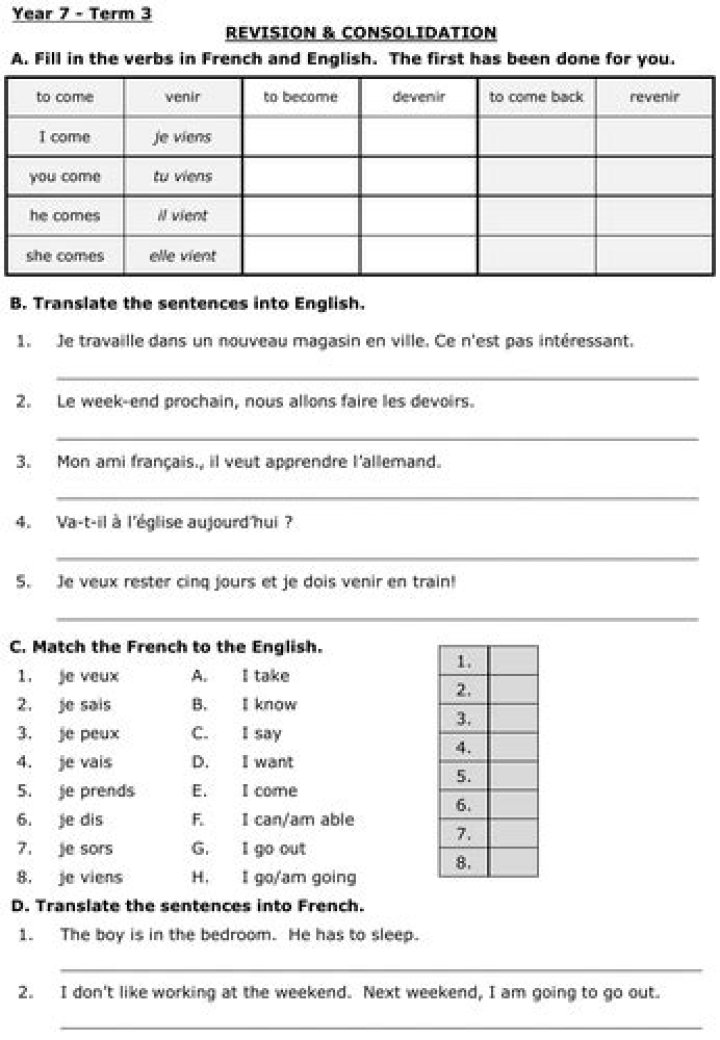 Year 7 French Revision Worksheets PDF – Perfect for Exam Prep