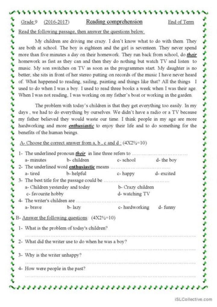 Year 9 English Comprehension Worksheets PDF – Free Download