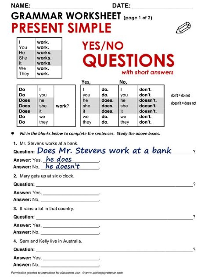 Yes No Questions Simple Present Exercises PDF