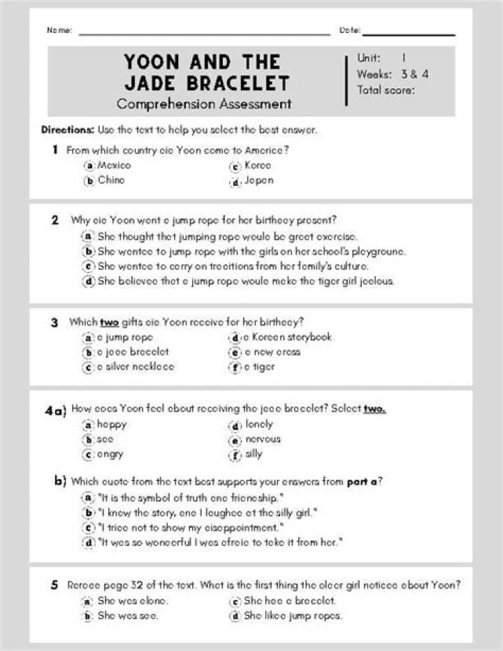 Yoon and the Jade Bracelet Comprehension Questions PDF: Study Guide & Quiz