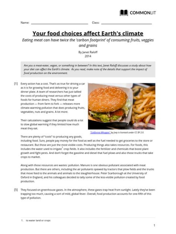 How Your Food Choices Impact Earth’s Climate – Answer Key PDF